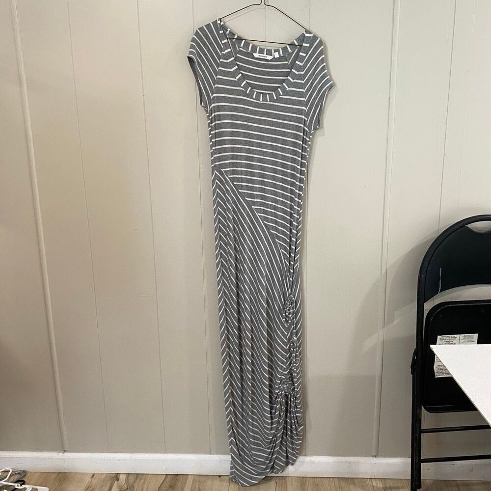 Athleta Striped Maxi Dress Small | Gray Ruched Side Slit Casual Travel Dress
